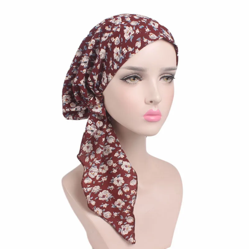 

Pleated cotton Chemo Ms. Long tail hat flower strip india muslim women fashion beanies girls simple four season wear caps