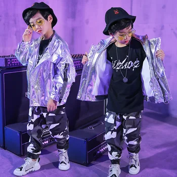 

2018 Kids Adults Autumn set Costumes Camouflage Hip Hop dance Pants & Silver Jazz shiny Jackets kids suits twinset