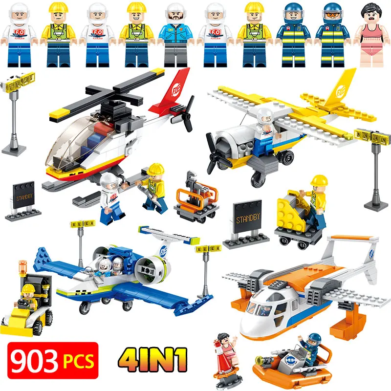 

4 In 1 Compatible Legoed Technik City Airport Aviation Aircraft Helicopter Trainer Building Blocks Sets Bricks Model Kids Toys