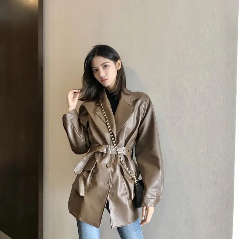 

Hong Kong Style Retro Belt Received PU Leather Coat Women Autumn 2019 New Hong Kong Flavor Loose Leisure Locomotive Jacket Women