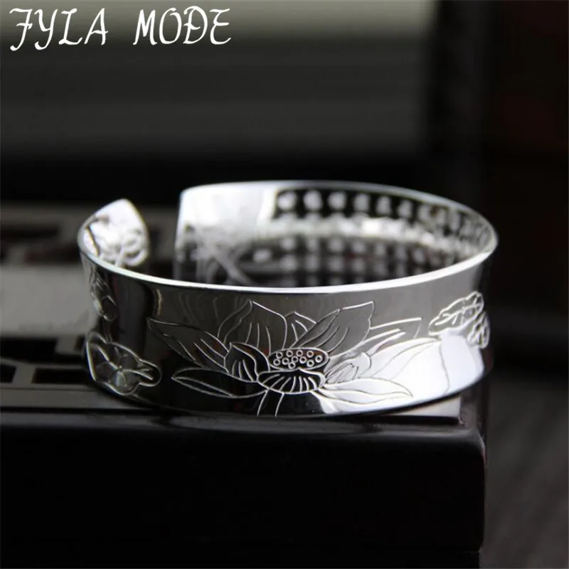 

FYLA MODE Wholesale Tibetan Language Heart Sutra 999 Sterling Silver Open Bangles 19mm Width 51G XJF023
