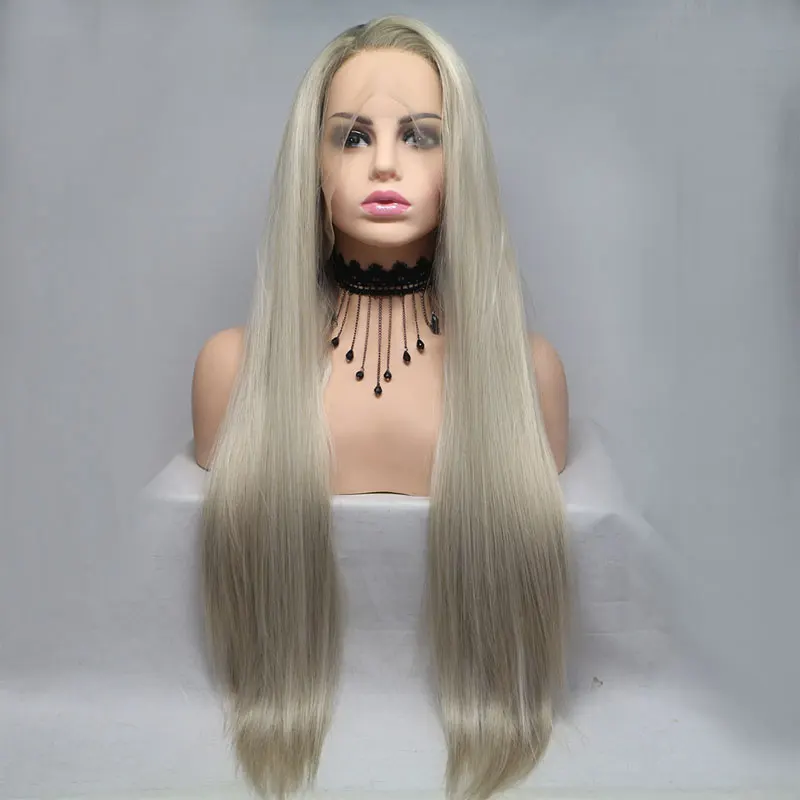 Bombshell темные корни Омбре Платина прямой синтетический парик на кружеве термостойкие волокна натуральные волосы для белых женщин парики