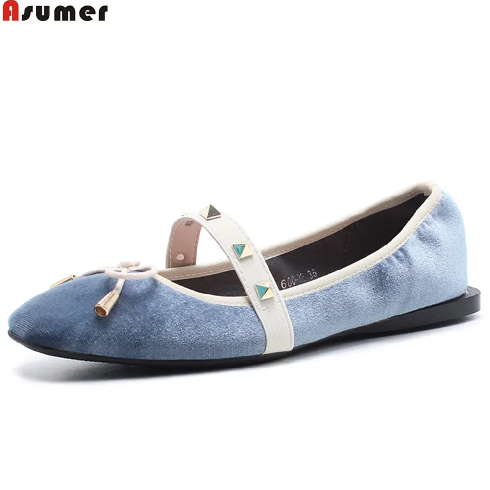 

ASUMER black green fashion spring autumn flat shoes woman square toe flock casual rivet mary janes women flats comfortable