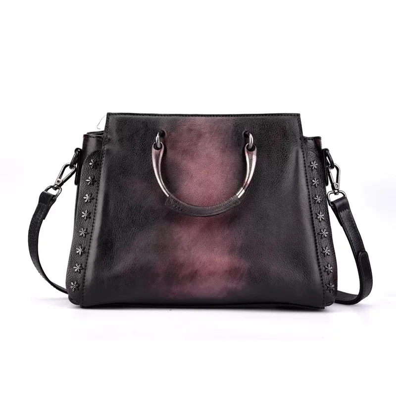 

Vintage Color-mixing Deigner Genuine Leather Ladies Studs Purse Bag Cowskin Women's Metal Top Handle Handbag Rivets Shoulder Bag