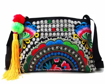 

Vintage Hmong Tribal Ethnic Thai Indian Boho shoulder bag messenger embroidery, pom pom trim SYS-452