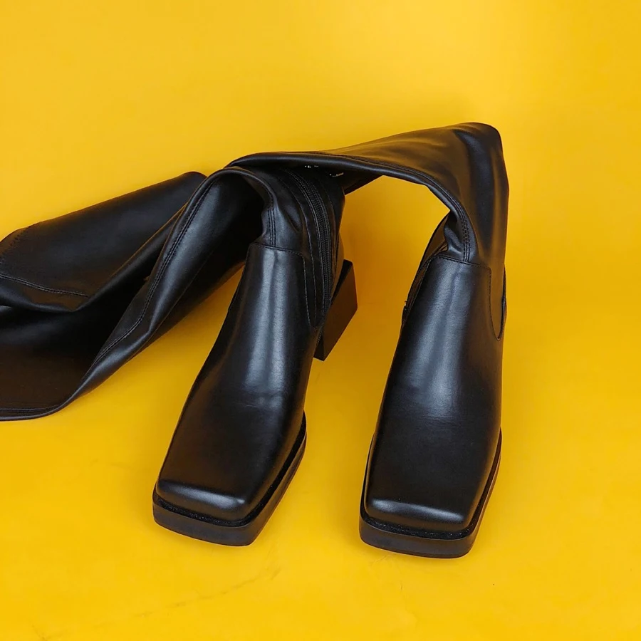 Prova Perfetto черные эластичные Кожаные Сапоги выше колена женские сапоги до бедра с квадратным носком пикантные высокие сапоги без застежки