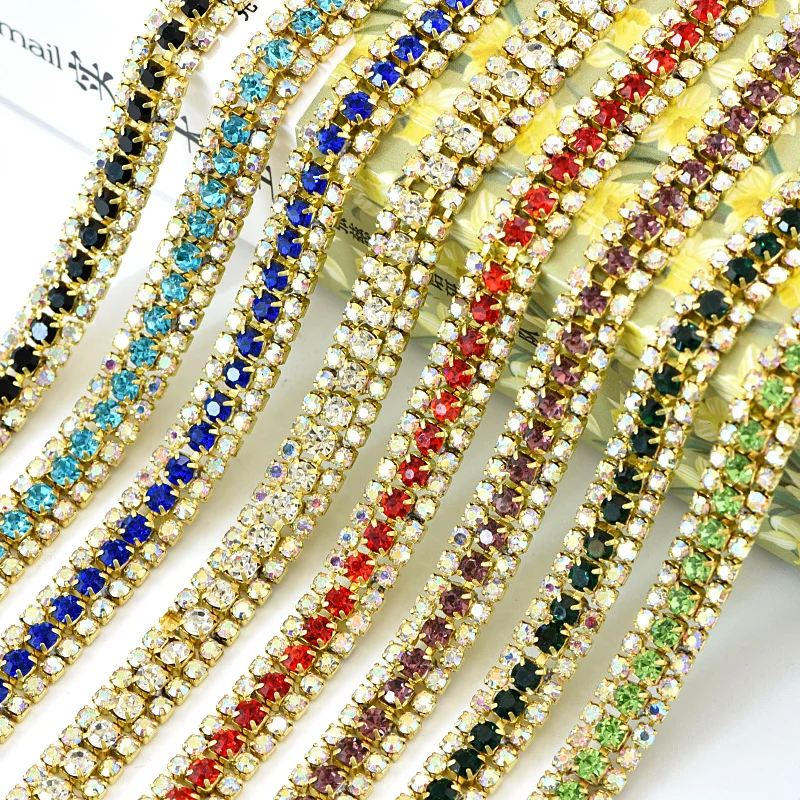 

3Rows 1 yard Crystal AB Glass Sew On Rhinestone Chain With Gold Base Sew On Rhinestone Trimming Chain Cup For Decoration B3487