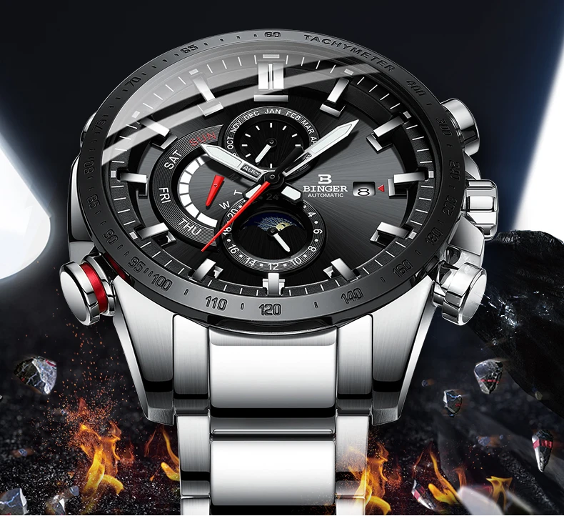 Швейцарские роскошные мужские механические часы Бингер, модные спортивные светящиеся водонепроницаемые автоматические часы для мужчин