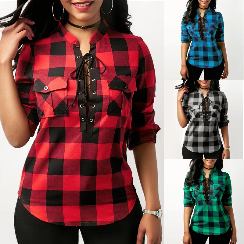 

2019 New Women's Tops Sexy Deep V-neck Lace Up Office Ladies Plaid Shirts Plus Size Casual Long Sleeves Blouses Female Shirt Top
