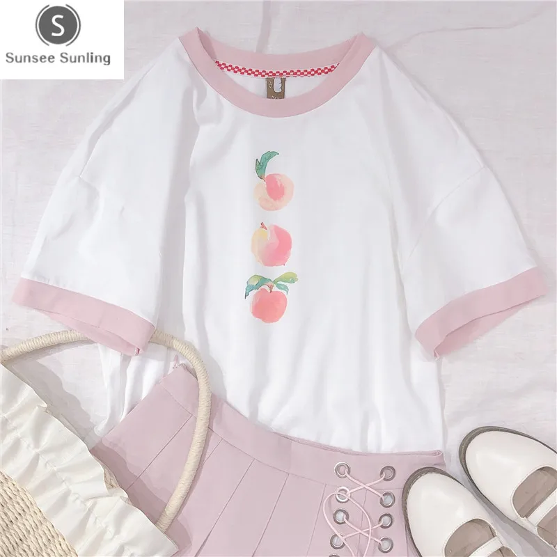 

Lolita Style Peach Print Women T-shirts Round Neck White T Wild Slim Female Tees Student 2019 New Summer Cute Peach Women Tops