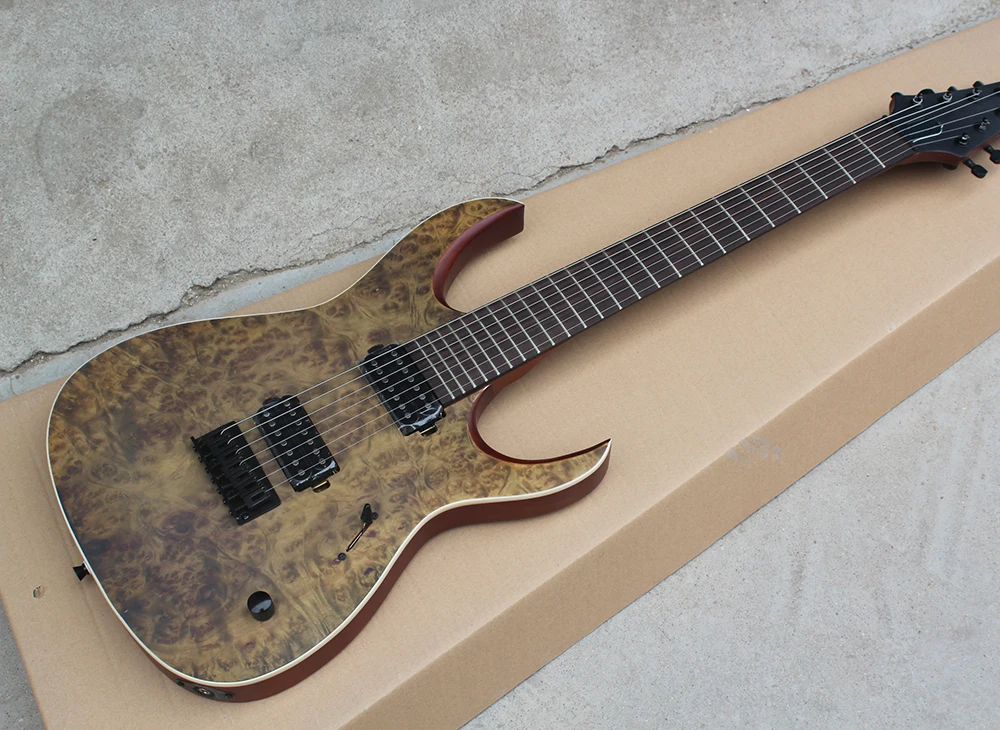

Brown 7-Strings Electric Guitar with Burl Veneer,Rosewood Fingerboard,White Binding,Black Hardwares,offering customized services