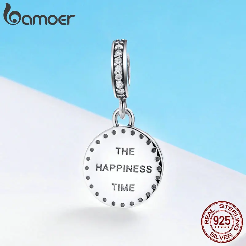 BAMOER 100% Genuine 925 Sterling Silver Clock Happy Time Engrave Pendant Charm fit Women Bracelet Sterling Silver Jewelry SCC657