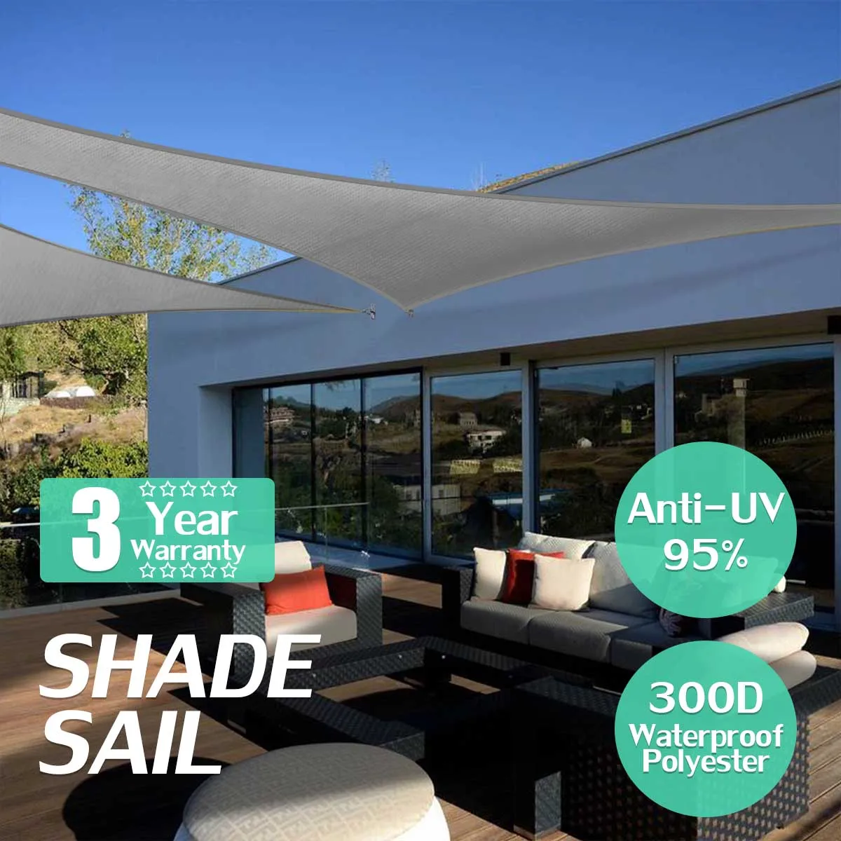 Grey 4x4x4m 160GSM HDPE Farbic Triangle Retractable Sun Shade