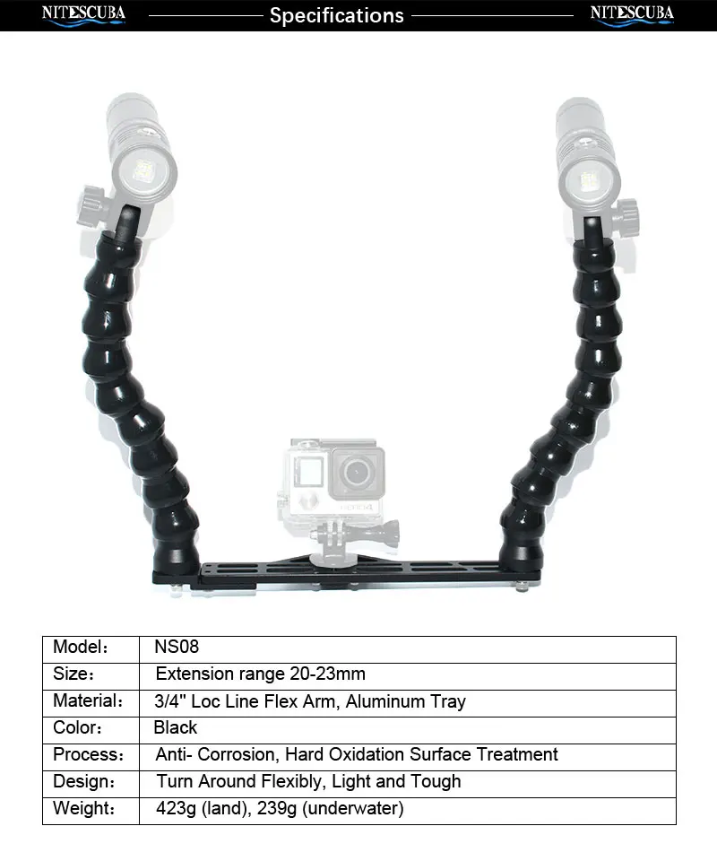 NiteScuba Дайвинг loc линия гибкий Рычаг Ручка лоток кронштейн для S2000 стробоскоп светильник и TG5 RX100 корпус камеры подводная фотография