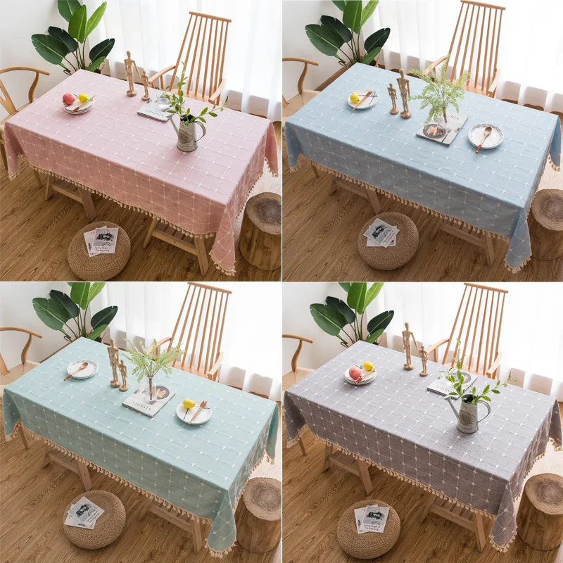 

Japan Style Dining Table Cloth Embroidered Stripes Plaid Stitching Linen Cotton Tablecloth Tassel Pendant Rectangle Table cover