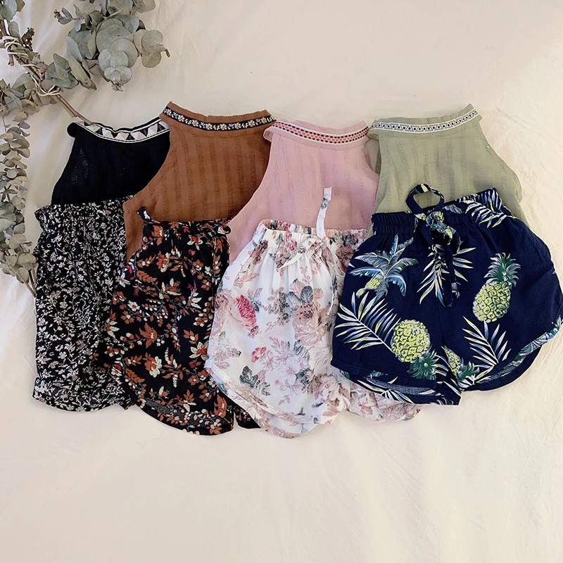 

2-4-6 Years Old Embroidery Collar Girl Vest Summer Pure Color Baby Tops WitheHanging Belt Ethnic Style Shoulder Baby Clothes