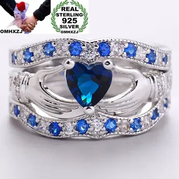 

OMHXZJ Wholesale European Fashion Woman Man Party Wedding Gift White Blue Heart AAA Zircon 925 Sterling Silver Ring Set RR80