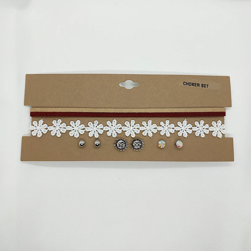 

3 Pcs Necklaces+3 Pairs Earrrings Lace Flower Choker Necklace Ball Crystal Sun Face Earrings Jewelry Set Gift for Women Girl