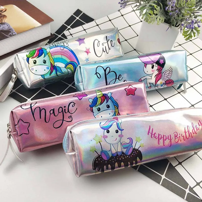

1 pc Laser Unicorn Pencil case Cartoon Horse Pencil bag School Supplies Shining Color Pencilcase Bag Makeup Bag Student gifts