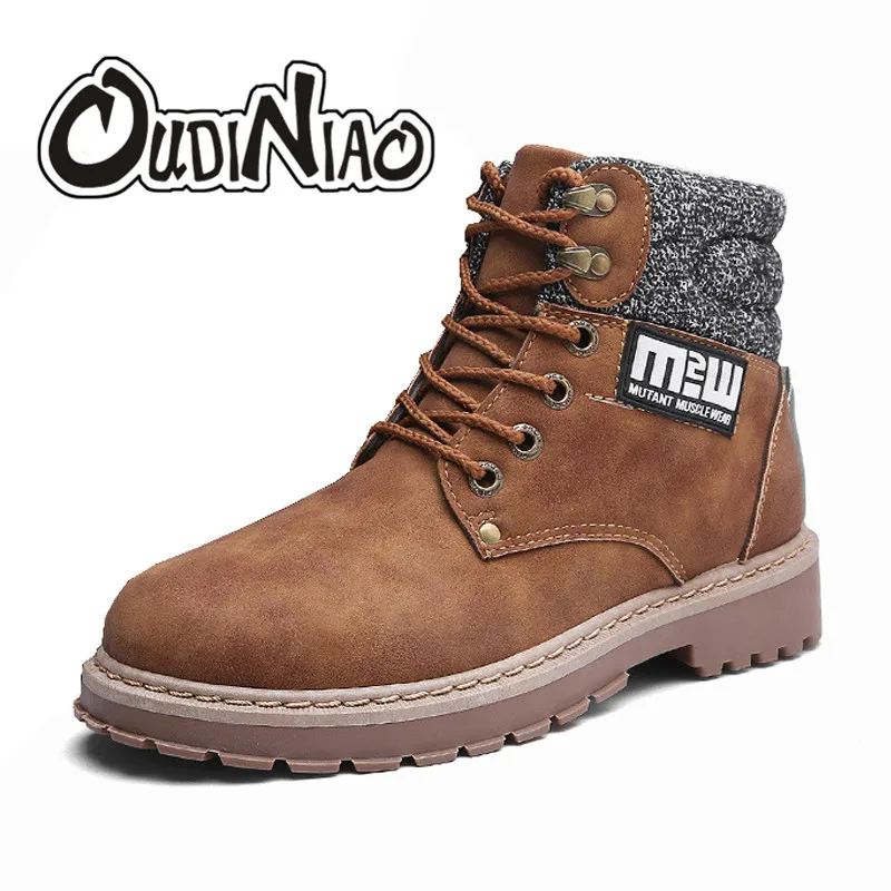 

OUDINIAO British Safety Ankle Boots Men Lace Up Round Toe Work Winter Warm Men Shoes Fashion Solid Cotton Mens Boots Casual