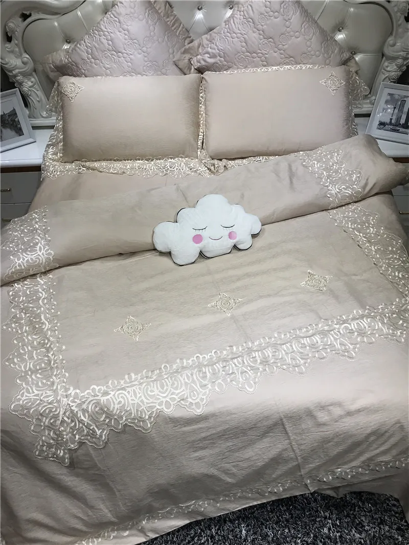 New cotton linen bedding set Embroidery bed cover 4pcs bedsheet beige