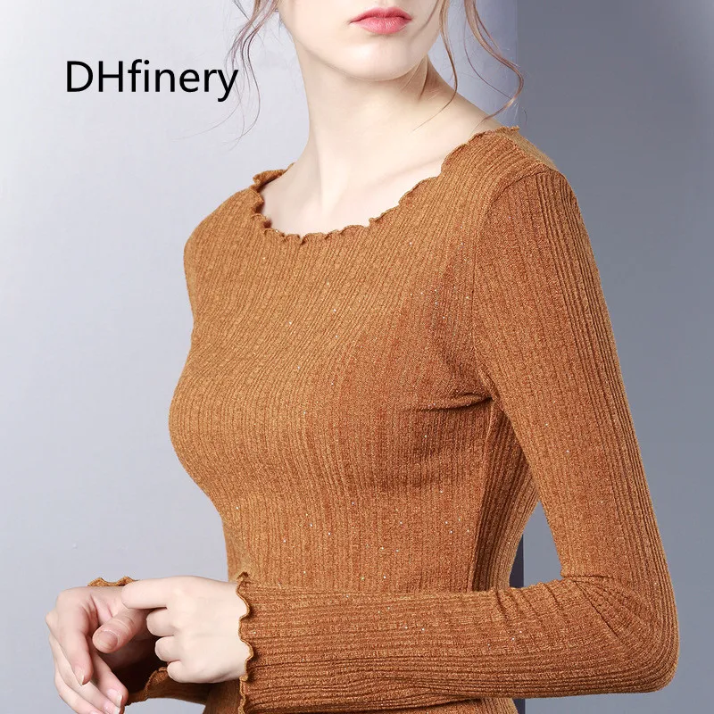 

DHfinery Sequin t shirt women autumn winter long sleeve turtleneck tshirt Ruffle Knitting elasticity Multicolor sg27325