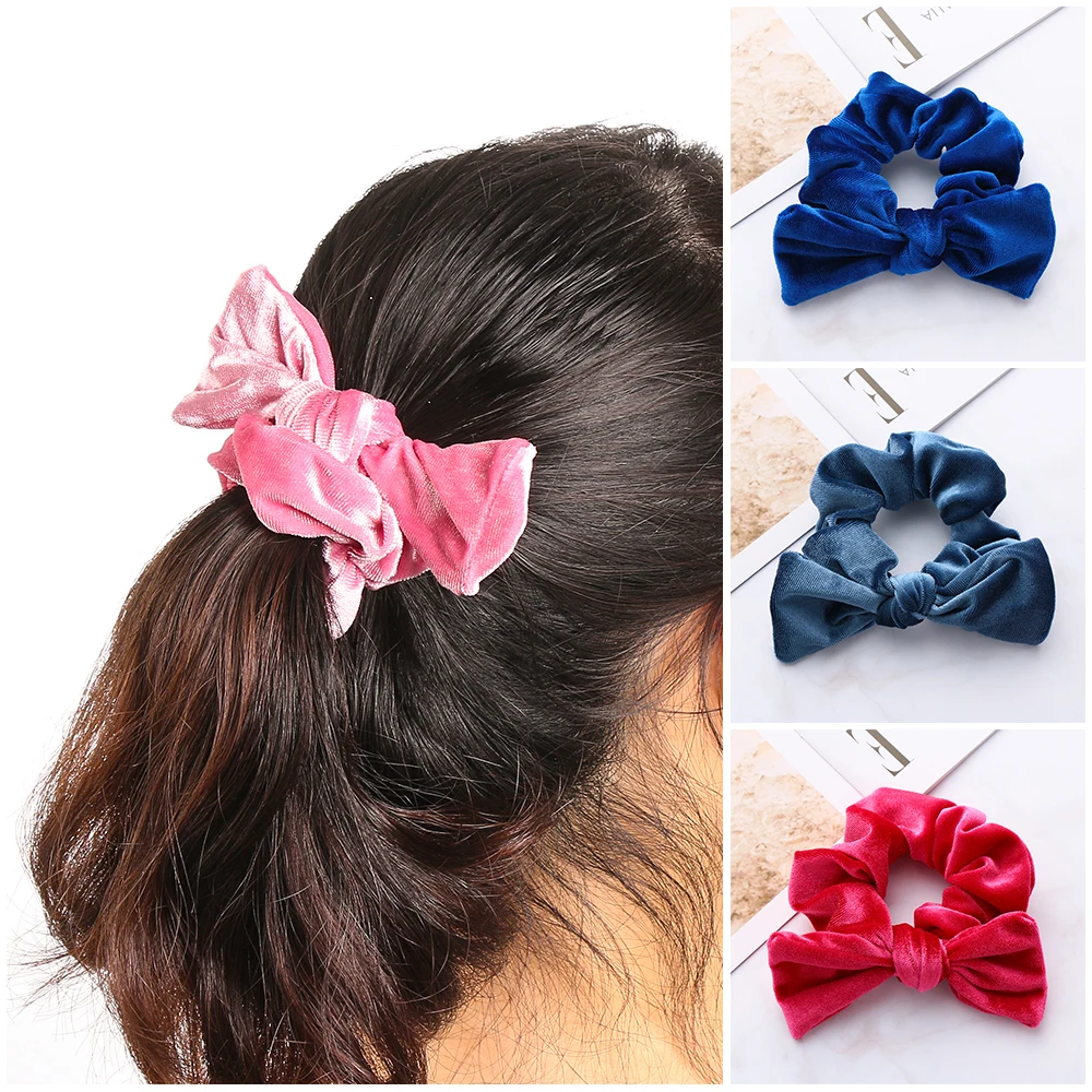Cute Girl Bowknot Hair Ropes Velvet Scrunchies Sweet Ponytail Holder