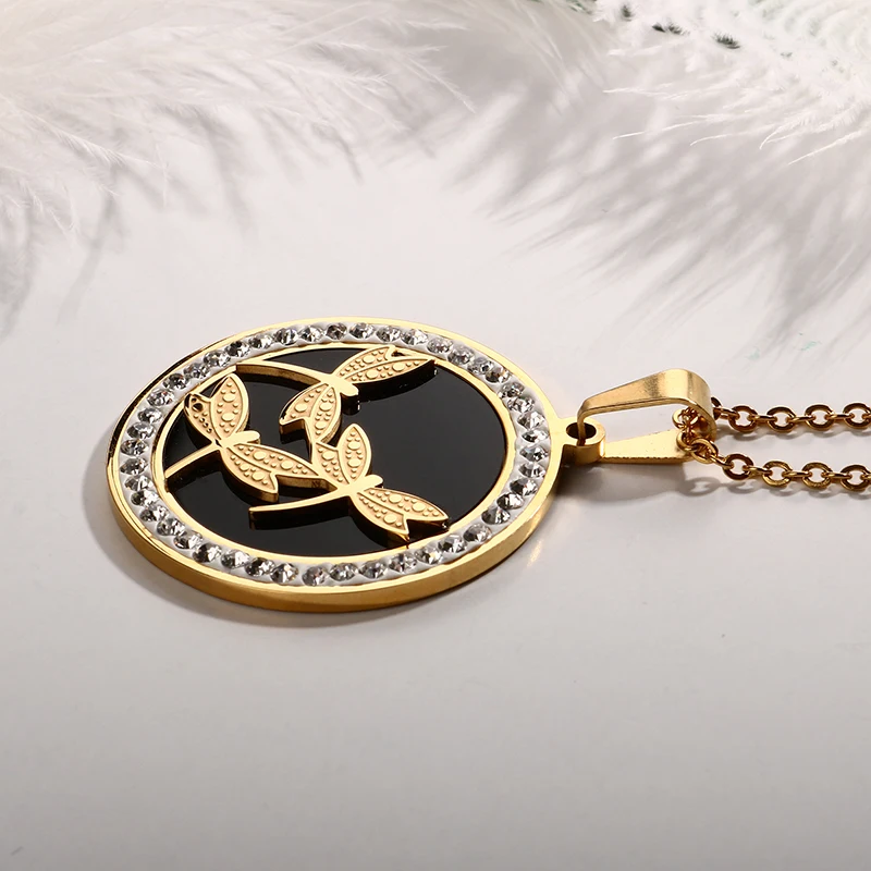 Модное Золотое женское ожерелье с черной бабочкой, Черное круглое ожерелье из нержавеющей стали, ювелирное изделие для женщин, подарок