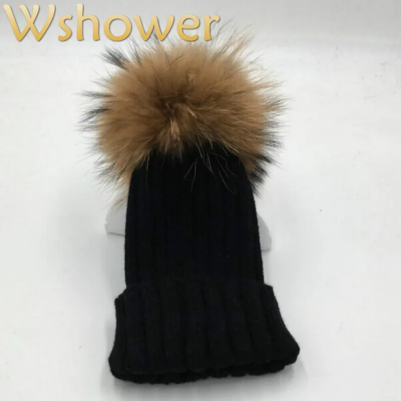 

Children Boy Girl Natural Real Raccoon Fur Pom Pom Winter Hat Cap Thick Warm Crochet Knit Bobble Kids Beanie earflap Hat