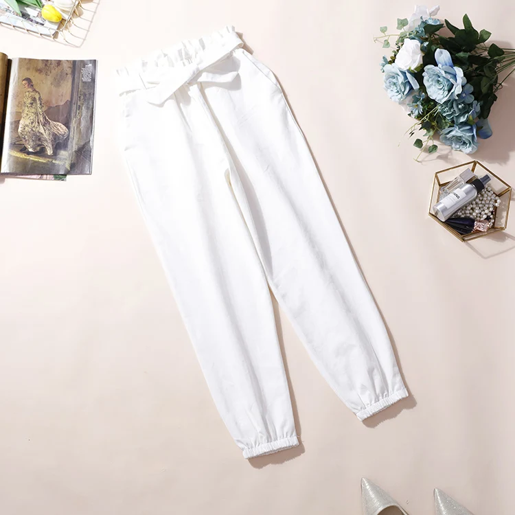 Весенние женские штаны-шаровары с высокой талией и поясом, повседневные штаны - Цвет: white