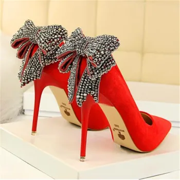 

Women's Elegant Crystal Butterfly-knot Shallow Wedding Shoes Korean Fashion Women Pumps Solid Flock Pointed Toe High Heels Shoes