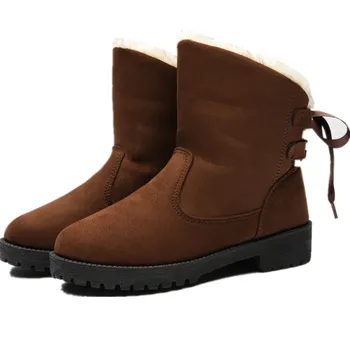 

Fashion Women Snow Ankle Boots Female Flock Butterfly Knot Winter Boots Plush Slip On Botas Size 25-62