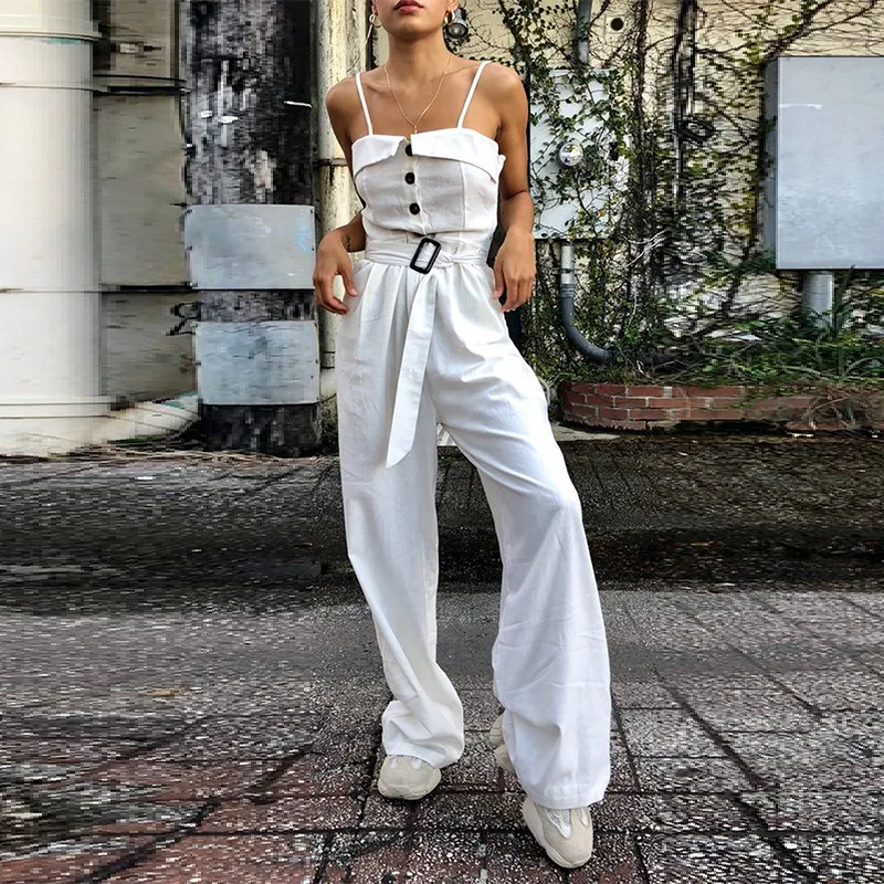 

Women's Jumpsuit 2019 Spring and Summer New Straps Tube Top Tooling Long Jumpsuit Front Row Buckle Lapel Waist Wide Leg Pants