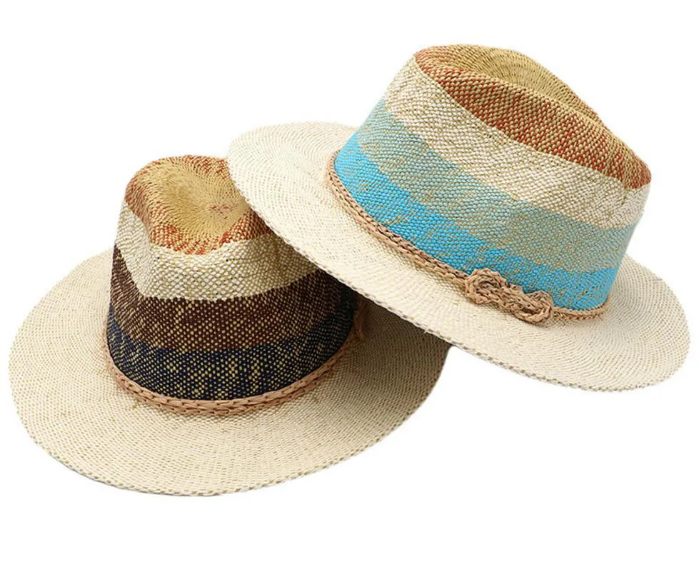 10pcs Nice Women Summer Striped Panama Hats Men Beach Straw Fedora Hat