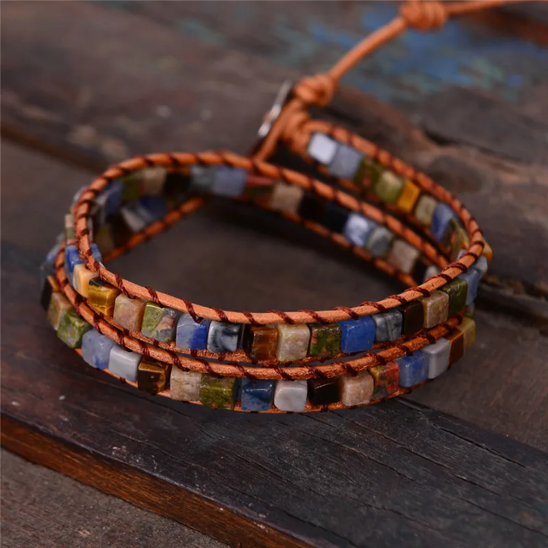 New Women Leather Bracelets High End Mix Natural Stones 2 Strands Wrap