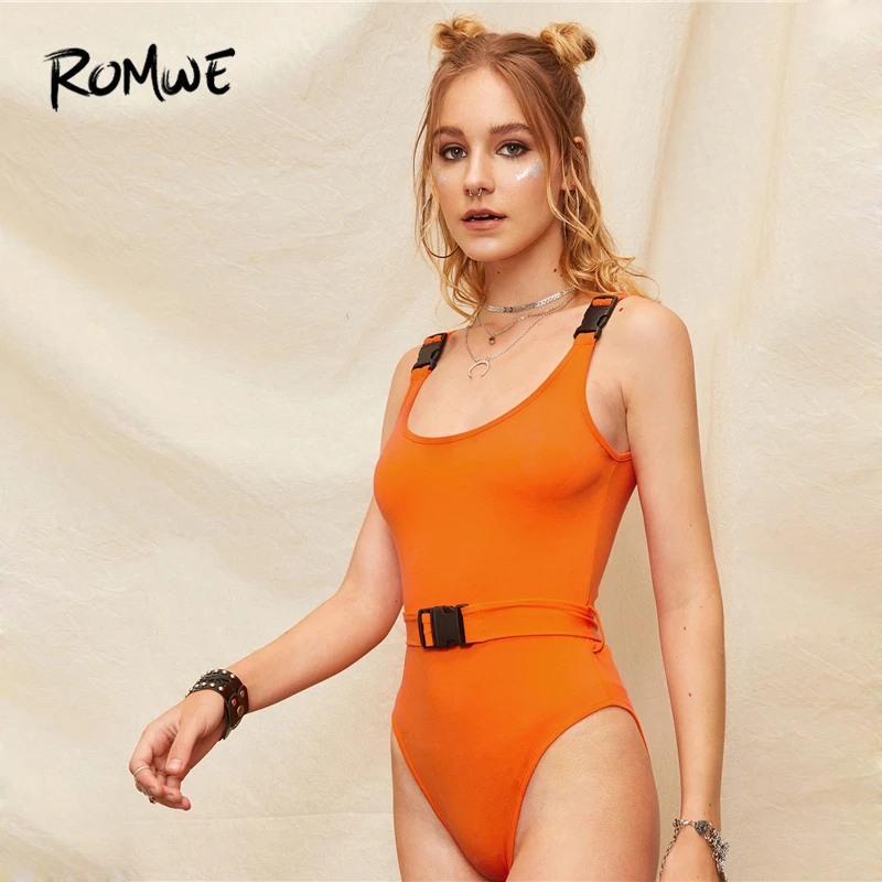 

ROMWE Orange Neon Push Buckle Strap And Belt Form Fitted Bodysuit Sexy Women Skinny Bodysuit Scoop Neck Sleeveless Bodysuit