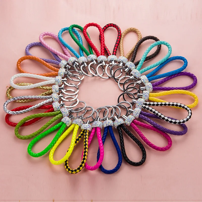 

Handmade Leather Wrist Woven Couple Keychain Car Metal Key Ring Mosaic Rhinestone Braided Rope Key Chains Key Holder Key Buckle