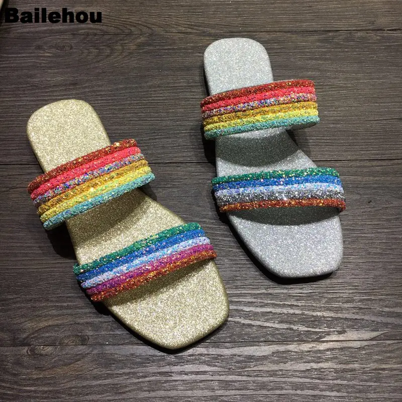

2019 Summer Shoes For Women Bling Sequined Cloth Slippers Lady Fashion Flip Flops Glitter Women Outside Slides Rainbow Slipper