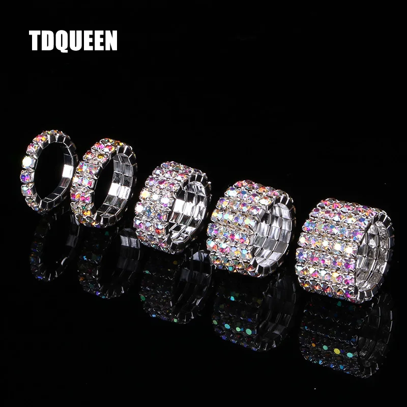 TDQUEEN 1-5 Rows AB Crystal Stone Rings Silver Plated Bridal Wedding Rhinestone Elastic Stretch Rings for Women (2)