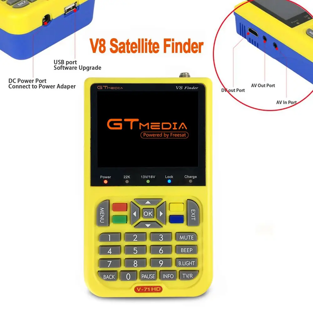 

GTmedia Satellite Finder Meter V8 Finder meter DVB-S2 SatFinder MPEG2 MPEG4 with 3000mA Battery Satxtrem V8 Finder FTA Satfinder