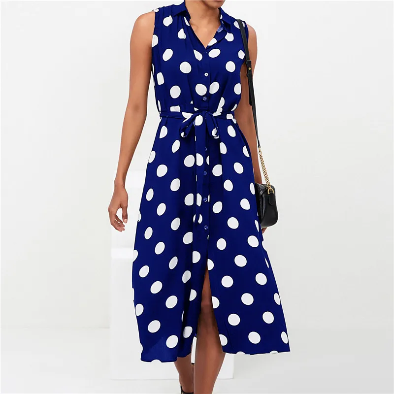 Summer Maxi Shirt Dress Women Sexy Casual V Neck Dot Button Sashes OL Dresses Elegant Ladies Party Long Dress Vestidos Mujer XXL