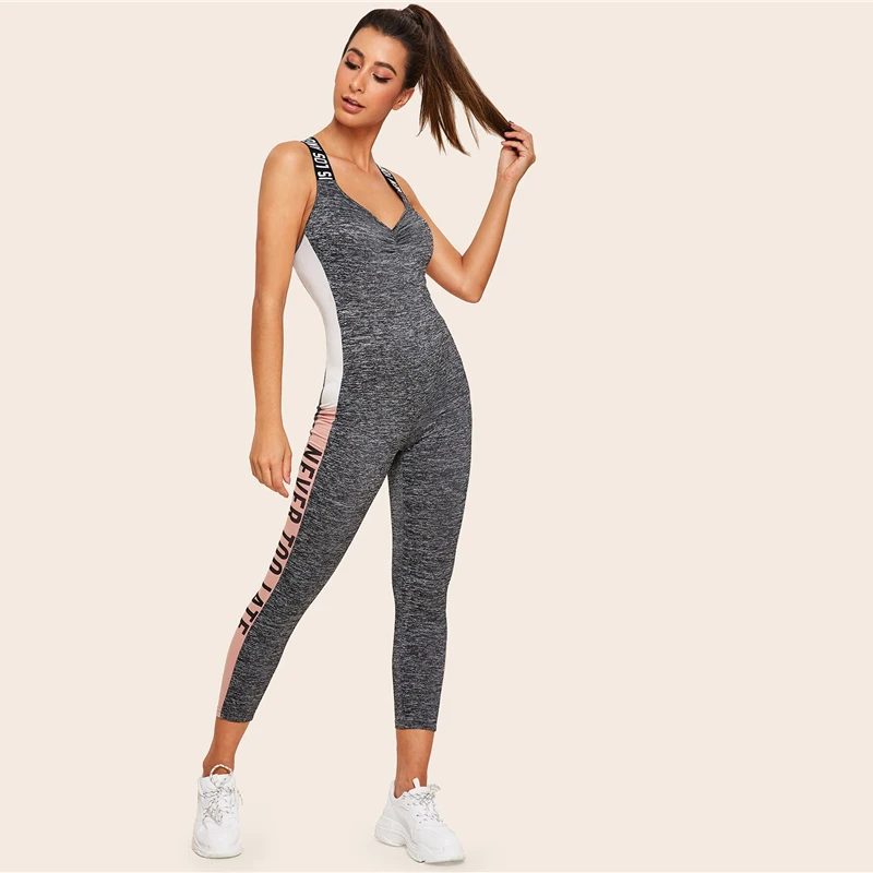 SweatyRocks серая лента с буквами крест-накрест сзади Marled Unitard комбинезон Женская одежда для активного отдыха комбинезон летний обтягивающий комбинезон