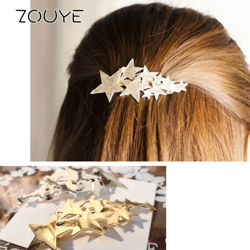 

ZOUYE Metal Pentagram Stars Barrettes Hair Jewelry Hairpins Summer Golden Silvery Color Trendy Hairwear Hair Ornament