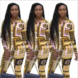 Мода 2018 Горячая стильная Сексуальная Женская Цифровая печать с длинным рукавом комплект из двух частей