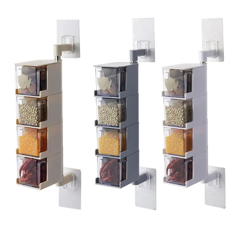 

Seasoning Storage Box Spice Jar Kitchen Condiment Storage Wall-mounted Hanging Rotating Organization Tools 4 Tiers 2019