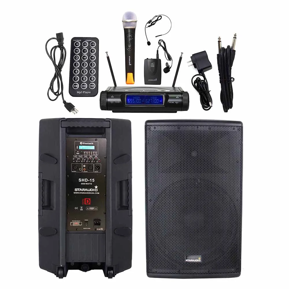 

STARAUDIO 4000W 15" PA Powered DJ 4-Ohm Active Speaker KTV Bluetooth Speaker 2CH Wireless UHF Handheld Headset Microphone SHD-15
