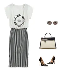 Women 2 in 1 One-piece Letter Print Striped Blouse Dress Midi Short Sleeve Bodycon Long Dress