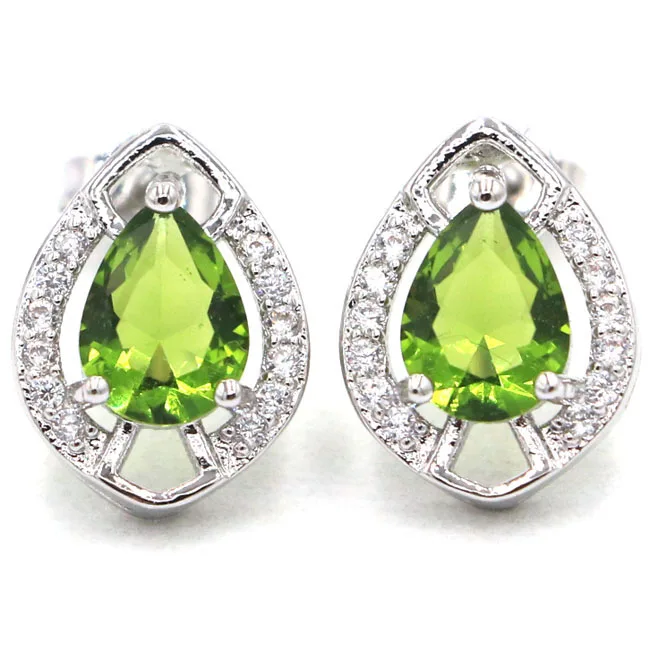 

Fantastic Drop Shape Green Peridot White CZ Ladies Party Silver Stud Earrings 14x10mm