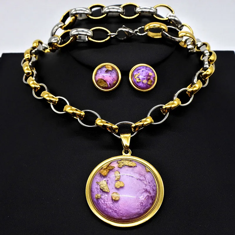 AMUMIU jewelry sets green purple stone pendant earth natural stone woman Pendent Necklace Bracelet Earrings set gold JS019 Fashion Jewelry