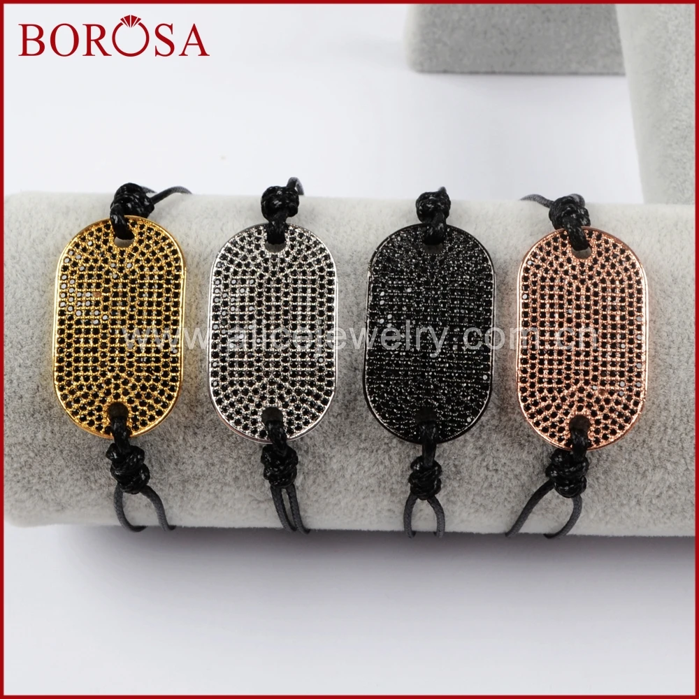 

BOROSA Gold/Silver/Black/Rose Gold Color CZ TIny Stone Pave Oval Charm Connector 10'' Black Rope Bracelet Handmade Bangle WX628